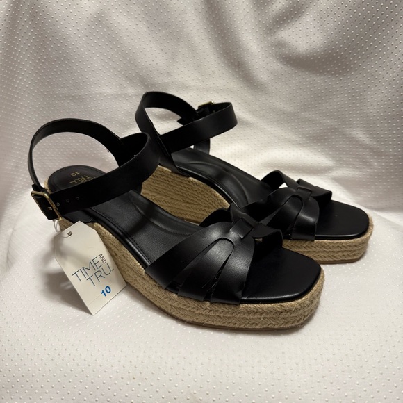 Time and Tru Shoes - Time and Tru Black Sandals with Cork Wedge Women’s Size 10 Stappy New